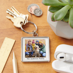 Familjefoto och Namn Fyrkantig Silverfärgad Nyckelring