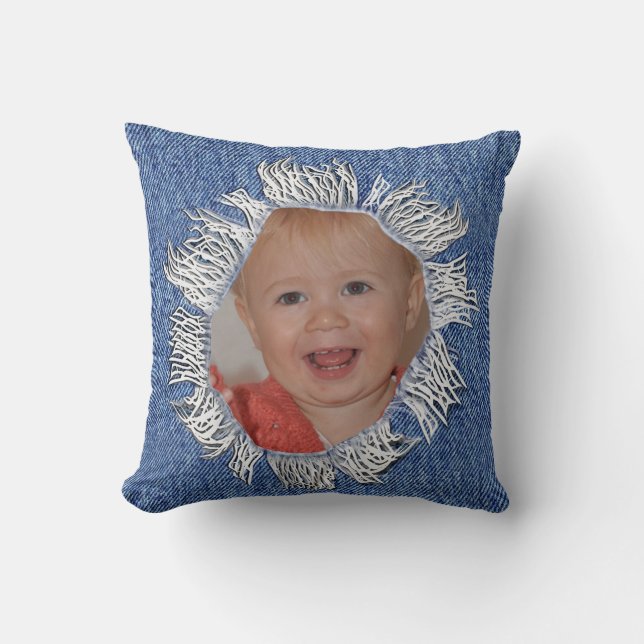 Familjefoto på en denimkudde kudde (Framsida)