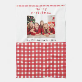 Familjefoto Röd Gingham God Jul Holiday Kökshandduk