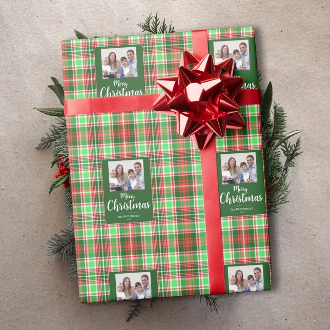 Familjefoto Röd Grön Karo God Jul Presentpapper (Skapare uppladdad)