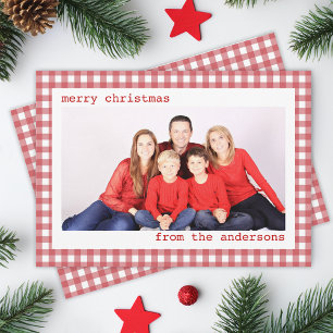 Familjefoto Rött och vitt rutigt God Jul Julkort