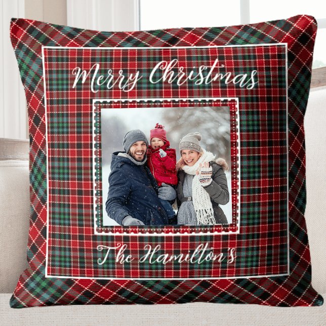 Familjefoto Rustic-julklapp Kudde (Family Photo Rustic Christmas Plaid Throw Pillow)