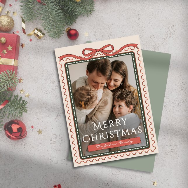 Familjefoto Vintage Jul Prägel Coquette  Inbjudningar (Family Photo Vintage Christmas Stamp Coquette Invitation)