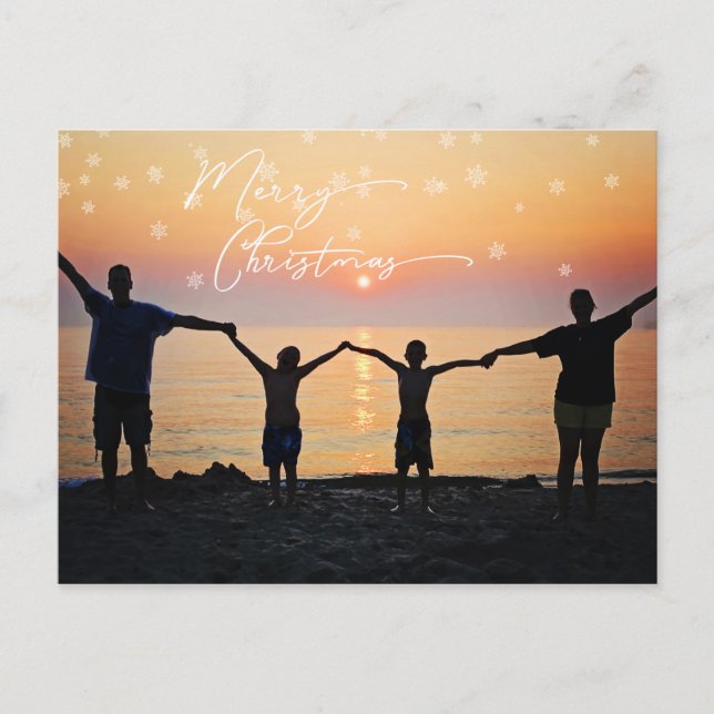 Familjefoto Vit God Jul-teckensnitt Snöflinga Vykort (Framsida)