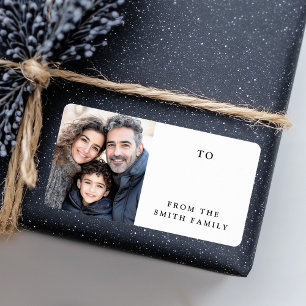 Familjefoto, vit till från märkre med presentkort adressetikett