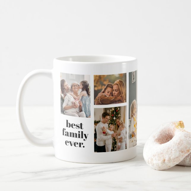Familjefotocollage - 6 foton och anpassad text kaffemugg (Med munk)