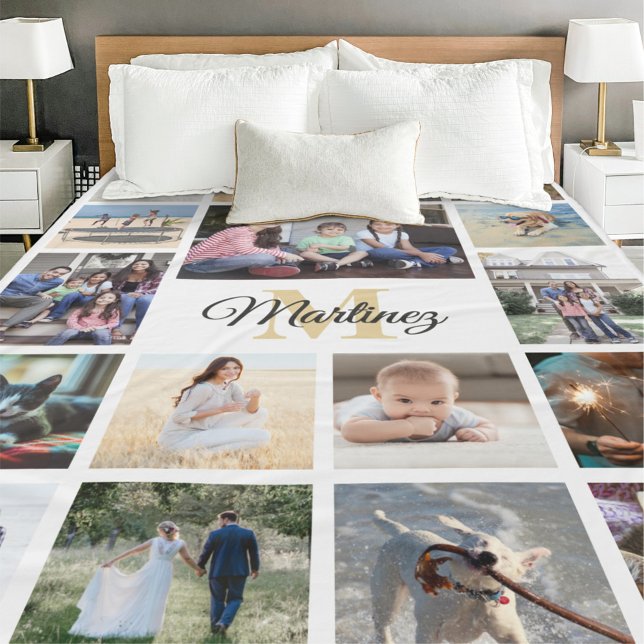 Familjefotocollage Guld Svart Vitt Monogrammerat Fleecefilt (Skapare uppladdad)