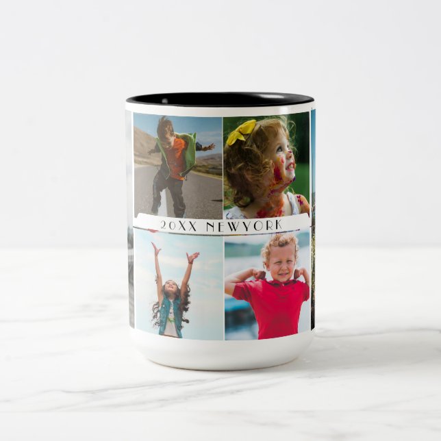 Familjefotocollage med 6 bilder och anpassad text Två-Tonad mugg (Center)