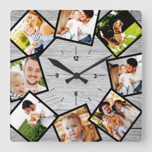 Familjefotocollage Rustic Chic Farmhouse Grå Fyrkantig Klocka