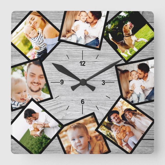 Familjefotocollage Rustic Chic Farmhouse Grå Fyrkantig Klocka (Framsida)