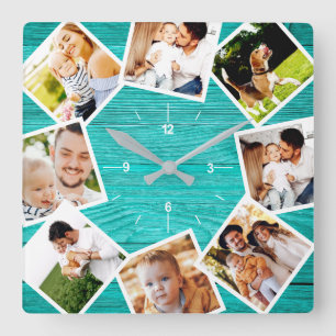 Familjefotocollage Rustic Chic Farmhouse Teal Fyrkantig Klocka
