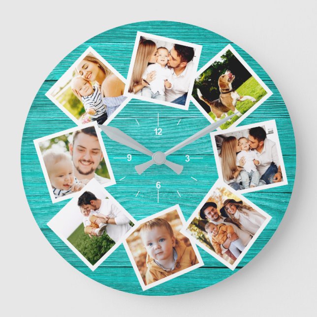 Familjefotocollage Rustic Chic Farmhouse Teal Stor Klocka (Framsida)