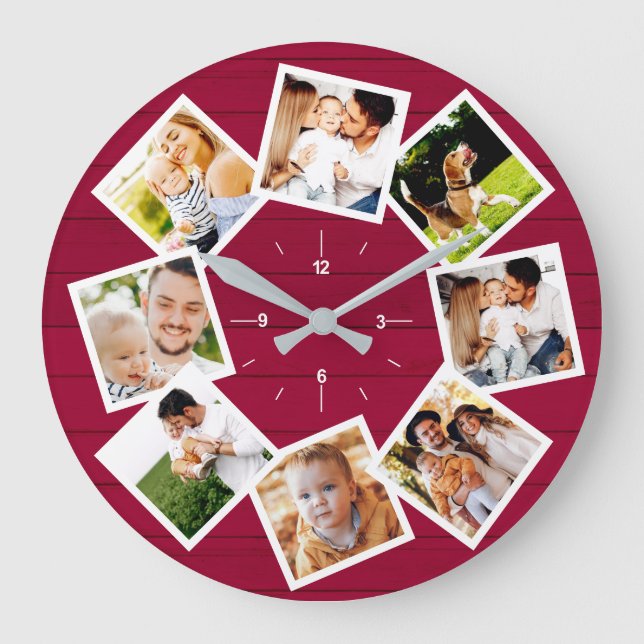 Familjefotocollage Rustik gårdsstil Röd Stor Klocka (Framsida)