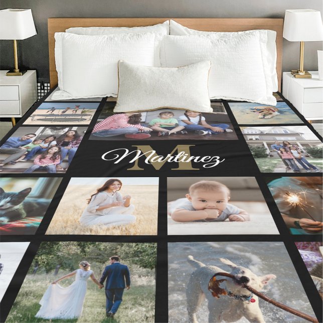 Familjefotocollage Svart Guld Vitt Monogrammerat Fleecefilt (Skapare uppladdad)