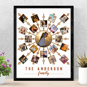 Familjefotocollage Vitt Guld + Namn 21 Bilder Poster