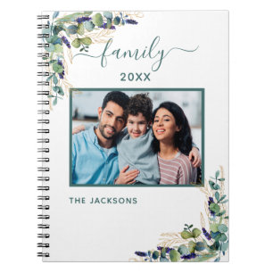 Familjefotoeukalyptus greenery white namn anteckningsbok