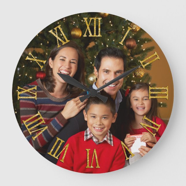 Familjefotofaux Guld Glitter Roman Numerals Stor Klocka (Framsida)