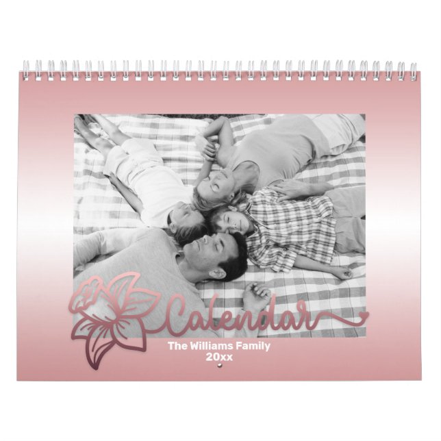 Familjefotokalender, redigerbar Rosegold Flower Kalender (Omslag)