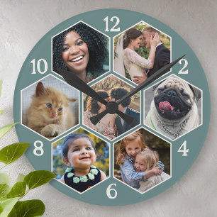Familjefotokollage 7 Anpassad Teal Hexagon Blomma Rund Klocka
