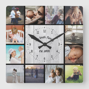 Familjefotokollage anpassar lätt trä fyrkantig klocka