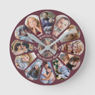 Familjefotokollage Burgundy-Anpassningsbarnas blom Rund Klocka