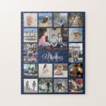 Familjefotokollage - marinblå modern monogrammad pussel<br><div class="desc">Gratulera till familjen med ett unikt och roligt fotosamlingpussel. Om du föredrar en annan bakgrund eller text i färg än blå, vit och grått, se instruktionerna nedan. (IMAGE PLACEMENT TIP: Ett enkelt sätt att centrera ett foto exakt som du vill är att flytta det till skörd innan du laddar upp...</div>