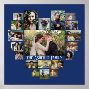 Familjefotokollage Namn i Heart 20 Bilder Blue Poster