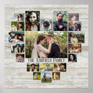 Familjefotokollage Namn in Heart 20 Bilder Wood Poster