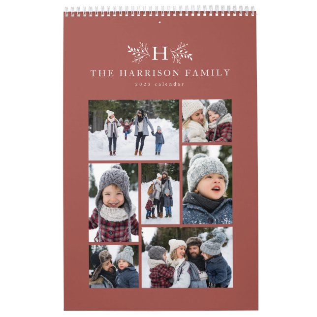 Familjefotokollage rustic terracotta monogram kalender (Omslag)