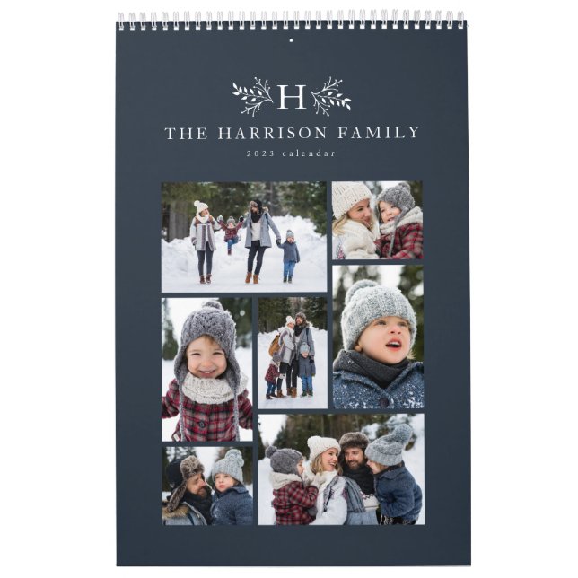 Familjefotokollage Rustig monogram marin blått Kalender (Omslag)