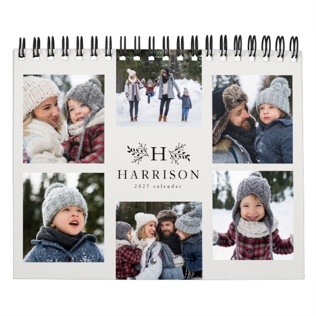 Familjefotokollage rustikt monogram svart & kräm kalender (Omslag)