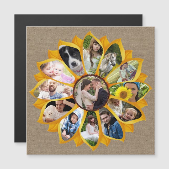 Familjefotokollage Solros Burlap 13 Bilder Easy Magnetisk Inbjudningskort (Fram/baksida)