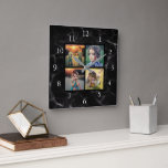 Familjefotokollage, svart marmor mönster fyrkantig klocka<br><div class="desc">Fotokollage för anpassningsbar Familj på svart bakgrundsklocka för marmor. Lägg till egna personliga foton för att anpassa klockan. Du behöver inte bara lägga till fyrkantiga foton. Andra storlekar passar också,  oftast. Kontakta mig om du behöver hjälp.</div>