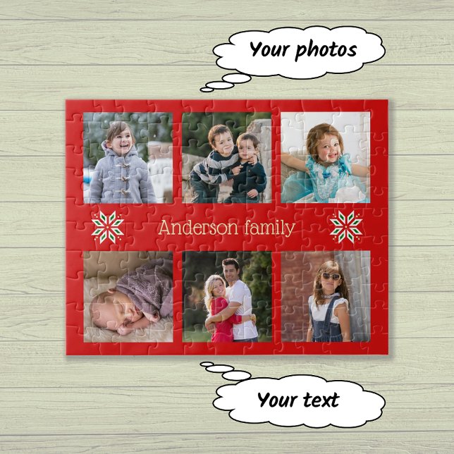Familjefoton anpassningsbar text red ram christmas pussel (Skapare uppladdad)