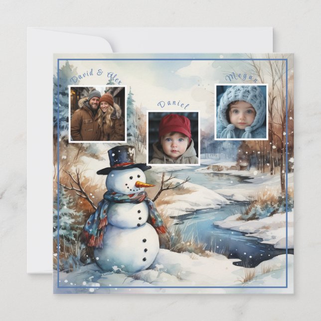 Familjefoton Snömannen Vinter Floden Jul Julkort (Framsida)