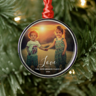 Familjefotot av Kärlek-skriptfamiljen namn christm Julgransprydnad Metall