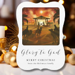Familjefottjulig jultomhet - Gloriskt för Gud-kort<br><div class="desc">Anpassa elegantens julkort genom att lägga till ditt favoritfoto, namn och helgdag för anpassningsbar. Det här religiösan av trendiget julkort har en traditionell skådeplats med "Glory to God" som visas i kalligrafiskript för elegant på kortets framsida. Anpassa baksidan av kortet med ditt foto- och helgdag-meddelande. Enkel att anpassa. Glad helg!...</div>