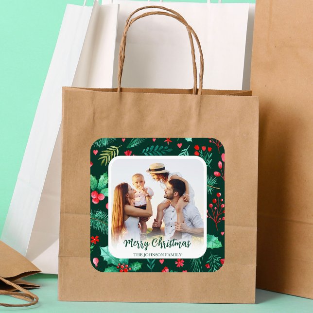 Familjefottjullvadsfärg Botanicals Fyrkantigt Klistermärke (Watercolor Botanicals with Family Photo Christmas Square Sticker)