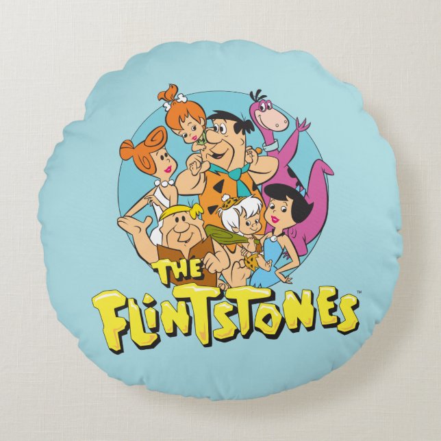 Familjegrafiken Flintstones och Rubbles Rund Kudde (Framsidan)