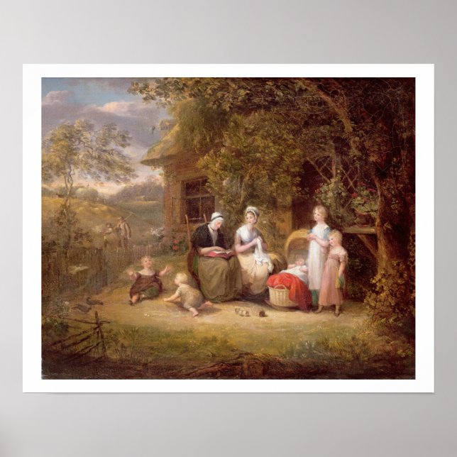 Familjegrupp före ett tunt lager (olja på burk) poster (Framsidan)