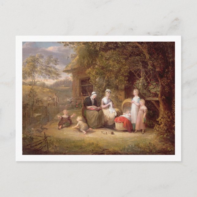 Familjegrupp före ett tunt lager (olja på burk) vykort (Framsida)