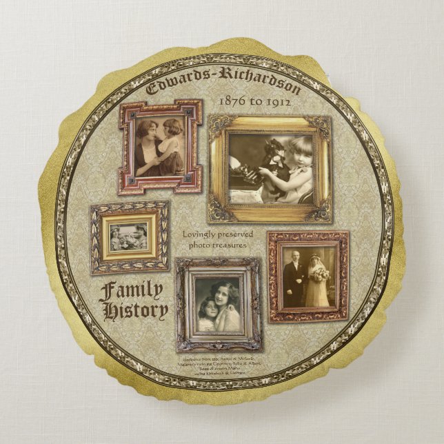 Familjehistorik Antique Foto ramar Guld Collage Rund Kudde (Baksidan)