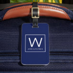 Familjeinitialt monogram par Namn Bagagebricka<br><div class="desc">En monogramdesign för eleganten på marin blå bakgrund med fyrkantig gräns,  personlig med din familj initial och första namn...  för att enkelt identifiera ditt bagage.</div>