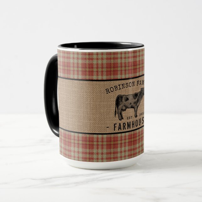 Familjejordbruk Rustic Cow Red Play Burlap Big Mugg (Framsida vänster)