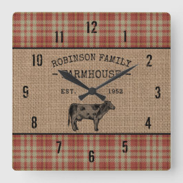 Familjejordbruk Rustic Cow Red Play Burlap Fyrkantig Klocka