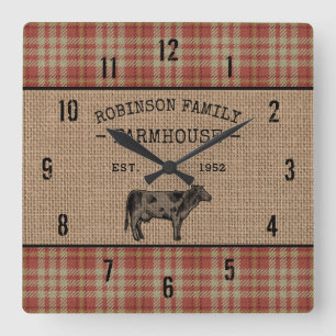 Familjejordbruk Rustic Cow Red Play Burlap Fyrkantig Klocka