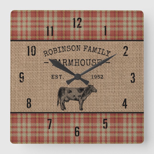 Familjejordbruk Rustic Cow Red Play Burlap Fyrkantig Klocka (Framsida)