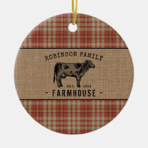 Familjejordbruk Rustic Cow Red Play Burlap Julgransprydnad Keramik