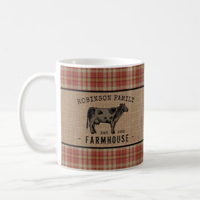 Familjejordbruk Rustic Cow Red Play Burlap Kaffemugg (Vänster)