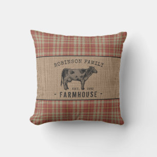 Familjejordbruk Rustic Cow Red Play Burlap Kudde